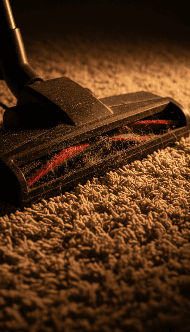 Vacuum cleaner on a carpet showing dust and fibers