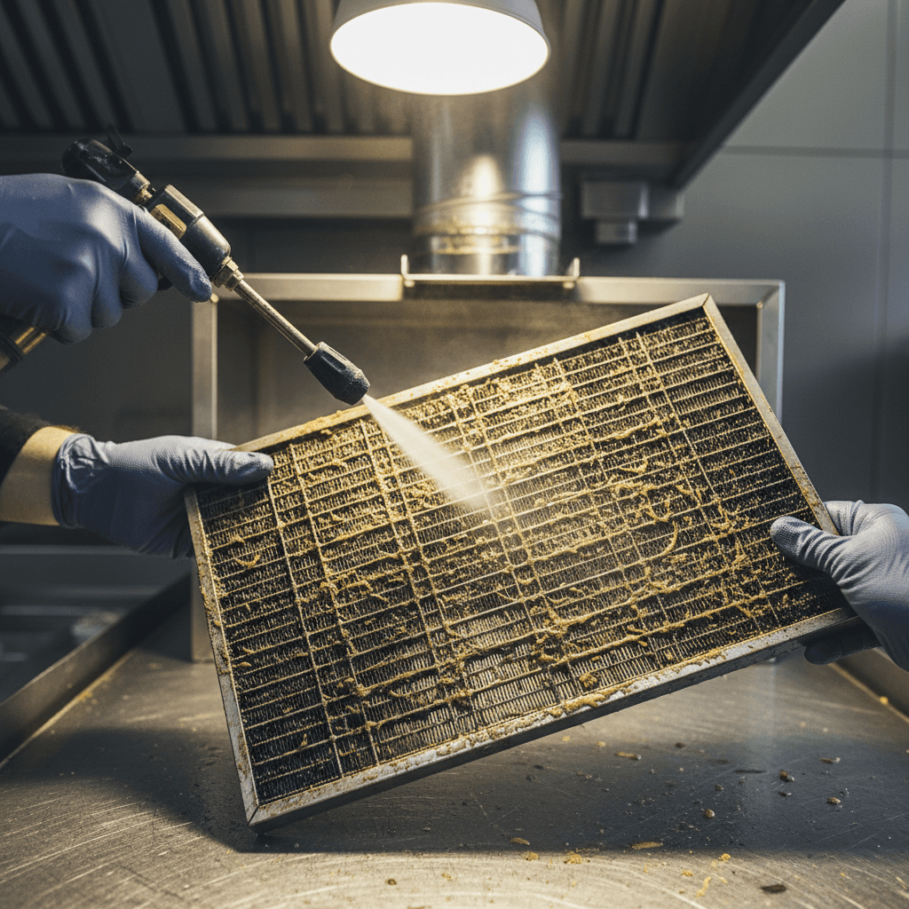 Commercial kitchen hood after degreasing and polishing
