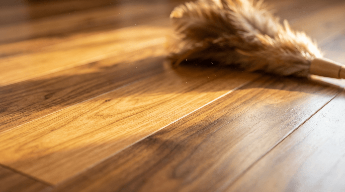 Freshly mopped hardwood floor reflecting warm afternoon light