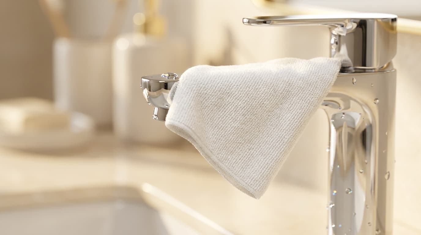 A microfiber cloth wiping a stainless steel countertop