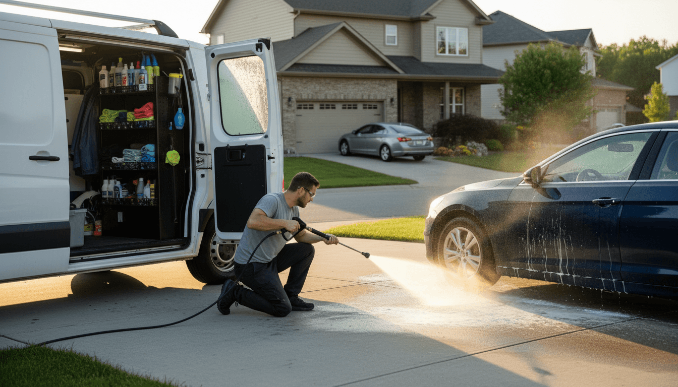 A cleaning van parked on a residential Calgary street at dawn