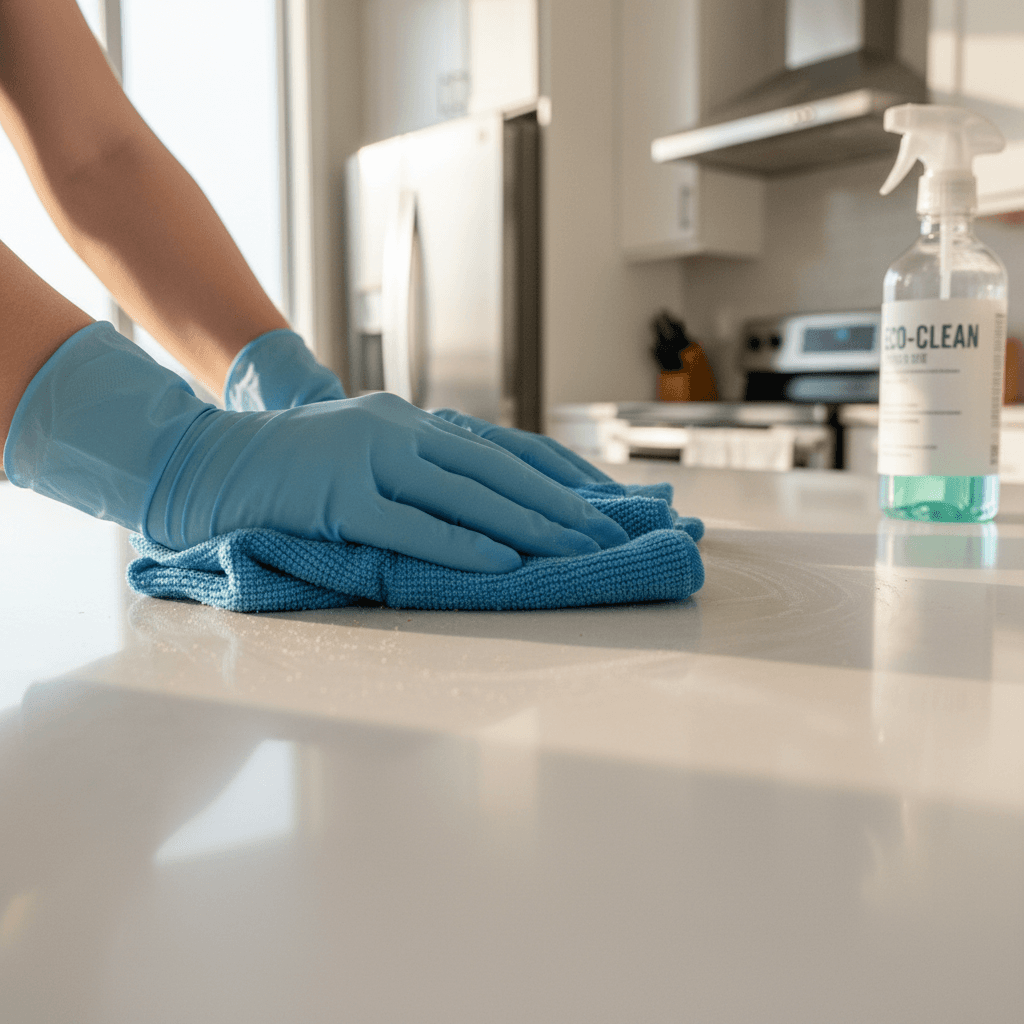Close-up of cleaning tools and hands wiping a kitchen counter