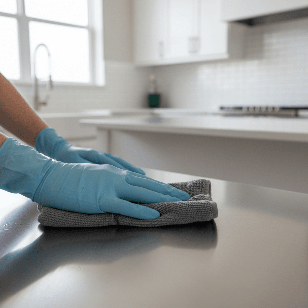 Hand cleaning a stainless steel countertop